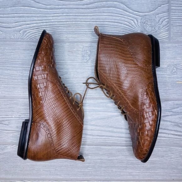 Vintage Nicole brown leather carmen 7.5 low top shoes lace woven boots retro